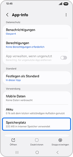 Bildschirm „App-Info“ mit hervorgehobener Option „Speicherplatz“.