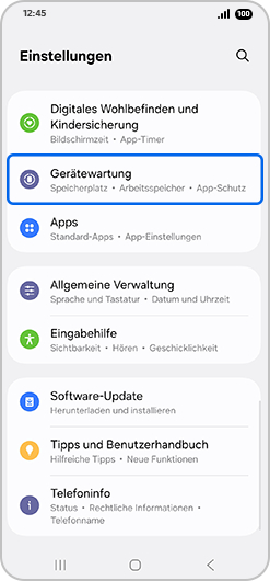 Bildschirm „Einstellengun“ mit hervorgehobenem „Gerätewartung“.