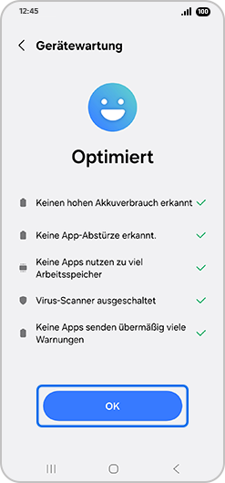 Bildschirm „Gerätewartung“ mit hervorgehobener Option „OK“.
