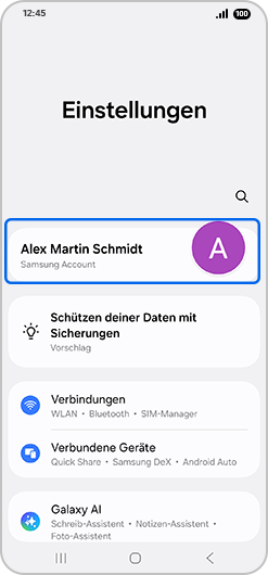Bildschirm „Einstellungen“ mit hervorgehobenem „Samsung Account“.