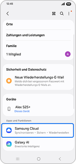 Bildschirm „Samsung Account“ mit hervorgehobener Option „Samsung Cloud“.