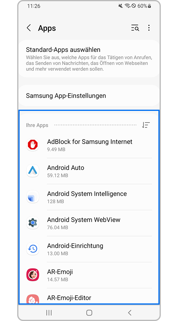 Screenshot der App-Einstellungen, in denen eine Liste der installierten Apps mit einem blauen Rahmen markiert ist.