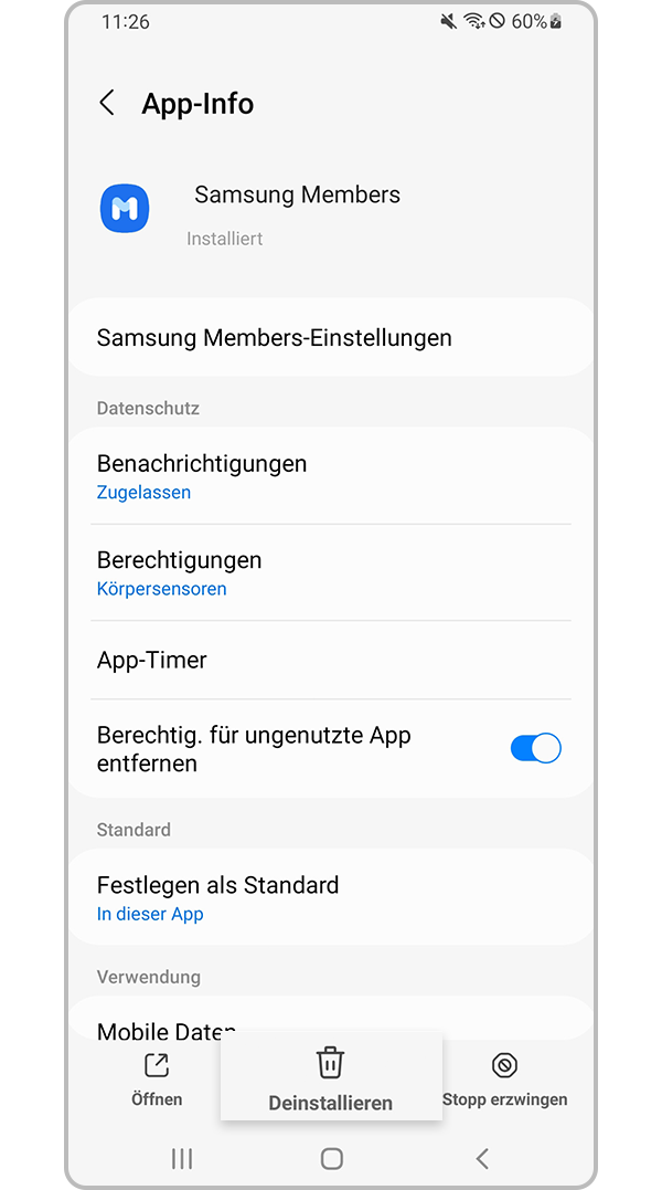 Screenshot der App-Info von Samsung Members, in dem am unteren Bildschirmrand die Option Deinstallieren hervogehoben ist.