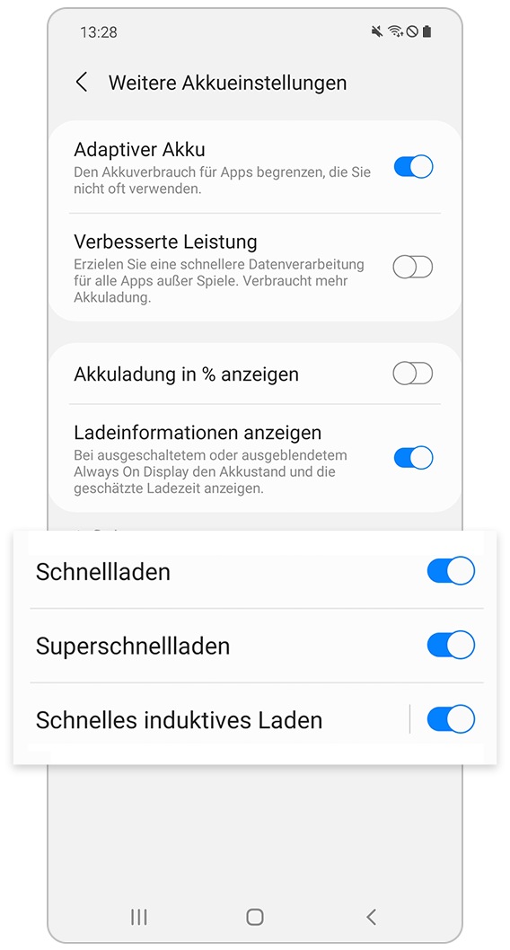 Zum Aktivieren der Ladeeinstellungen auf Schalter tippen