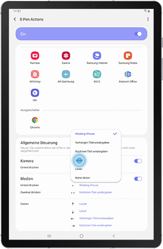 Die Optionen zur Allgemeinen Steuerung der Aktionen des S Pens für Medien des Galaxy Tabs S6 werden angezeigt.