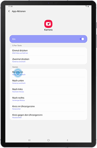 Die Einstellungen der App-Aktionen des S Pens der Kamera des Galaxy Tabs S6 werden angezeigt.