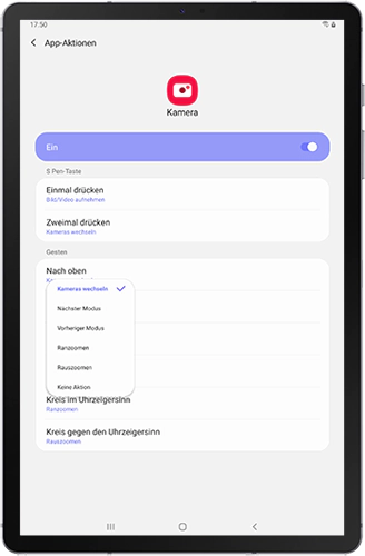 Die Optionen der Gesten des S Pens der App-Aktionen für die Kamera des Galaxy Tabs S6 werden angezeigt.