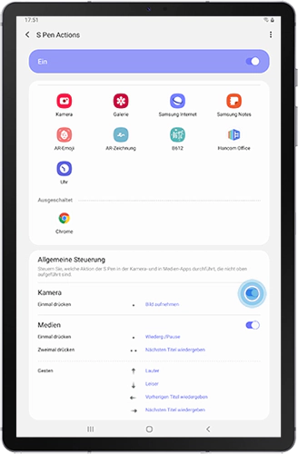 Die Übersicht der Aktionen der Allgemeinen Steuerung des S Pens des Galaxy Tabs S6 werden angezeigt.