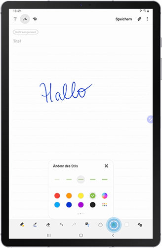 Die Option Ändern des Stils der Samsung Notes des Galaxy Tabs S6 wird angezeigt.