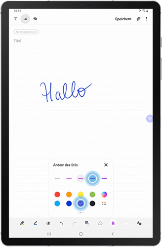 Die Option Ändern des Stils der Samsung Notes des Galaxy Tabs S6 wird mit einer anderen Farbe und Schriftdicke angezeigt.