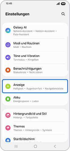 Bildschirm „Einstellungen“ mit hervorgehobener „Anzeige“.