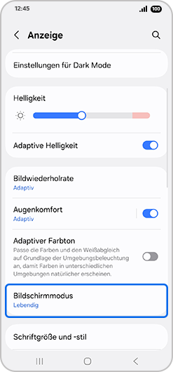 Bildschirm „Anzeige“ mit hervorgehobenem „Bildschirmmodus“.