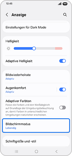 Bildschirm „Anzeige“ mit hervorgehobenem „Bildschirmmodus“.