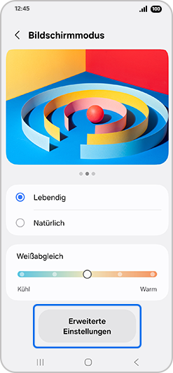 Bildschirm „Bildschirmmodus“ mit hervorgehobener Option „Erweiterte Einstellungen“.