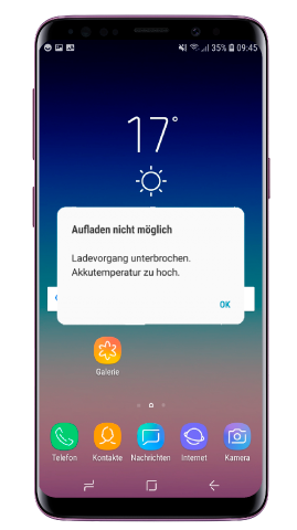 Bei zu starker Erwärmung wird der Ladevorgang Ihres Galaxy Smartphones unterbrochen.