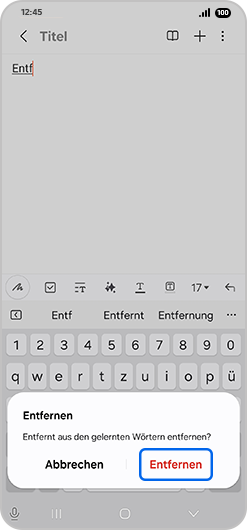 Popup-Menü „Entfernen“ mit hervorgehobener Option „Entfernen“.