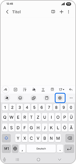 App „Notizen“ mit hervorgehobenem Symbol „Einstellungen“.
