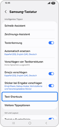 Bildschirm „Samsung-Tastatur“ mit hervorgehobener Option „Text-Shortcuts“.