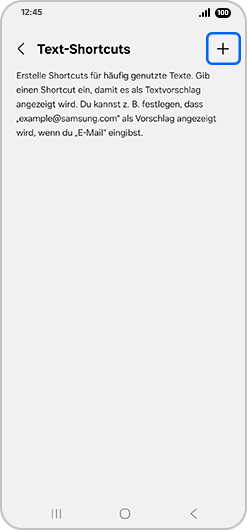 Bildschirm „Textverknüpfungen“ mit hervorgehobenem „+“-Symbol.