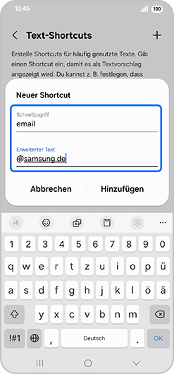 Bildschirm „Textverknüpfungen“ mit hervorgehobener E-Mail-Adresse.