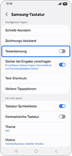 „Samsung-Tastatur“-Bildschirm mit hervorgehobener „Texterkennung“.