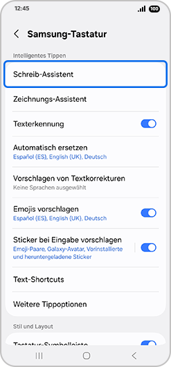 „Samsung-Tastatur“-Bildschirm mit hervorgehobener „Schreib-Assistent“-Anzeige.