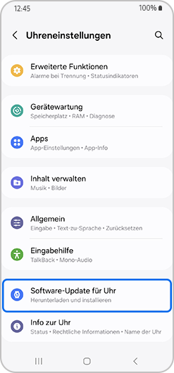 Uhreneinstellungen-Bildschirm mit hervorgehobenem Software-Update für Uhr.