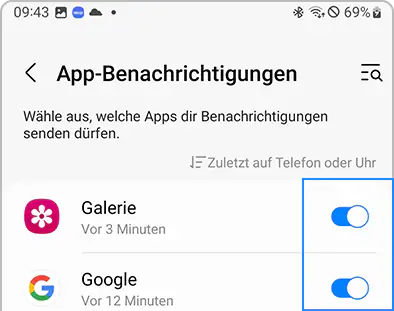 Eine Liste von Apps mit Schalter in der Galaxy Wearable-App