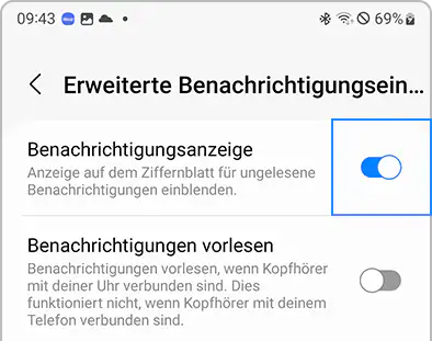 Liste der erweiterten Benachrichtigungseinstellungen in der Galaxy Wearable-App