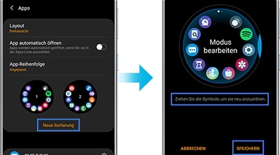 Screens zur Anordnung der Uhren-Apps