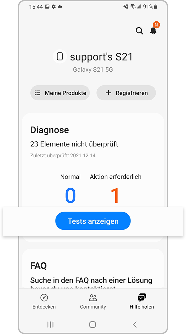 Samsung Members Tests anzeigen unter Diagnose