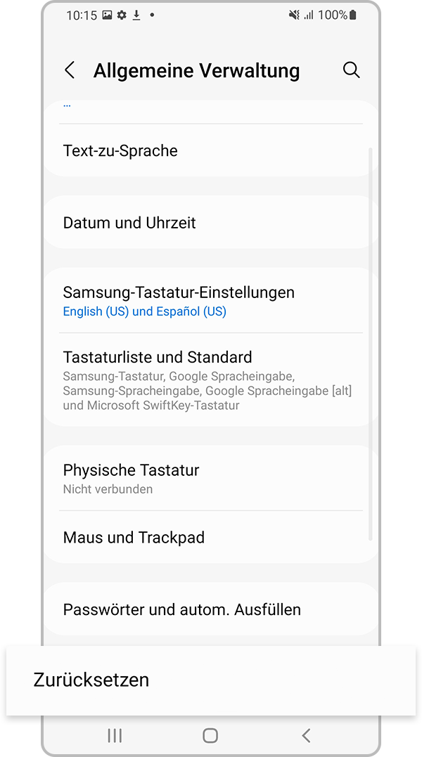 Wähle Zurücksetzen