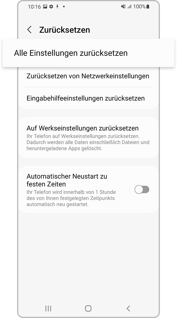 Wähle Alle Einstellungen zurücksetzen