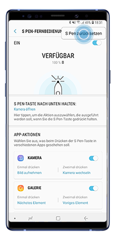 Galaxy Note9, S Pen zuruecksetzen