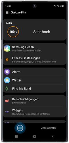Startseite des Galaxy Fit e-Menüs der Galaxy Wearable-App wird im Note10 angezeigt.