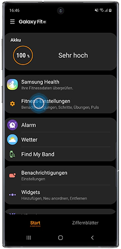Fitness-Einstellungen ist im Galaxy Fit e-Menü der Galaxy Wearable-App des Note10 markiert.
