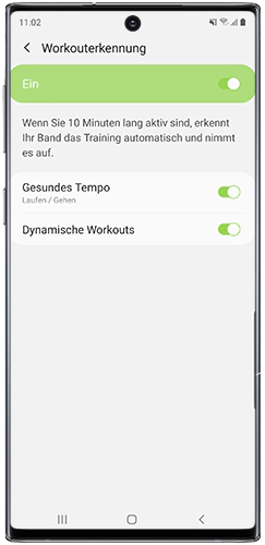 Einstellungen der Workouterkennung für die Galaxy Fit e werden in der Galaxy Wearable-App des Note10 angezeigt.