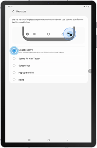 Die verfügbaren Shortcuts des Game Boosters werden im Galaxy Tab S6 angezeigt.