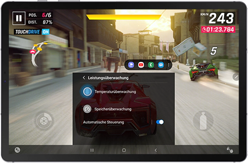 Das Menü der Leistungsüberwachung im Game Booster des Galaxy Tab S6 wird angezeigt.