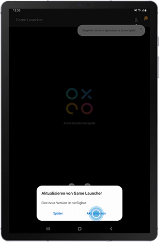 Das Popup-Fenster zum Aktualisieren des Game Launchers auf dem Galaxy Tab S6 wird angezeigt.