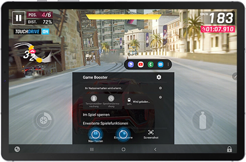 Sperre für Nav-Tasten und Eingabesperre ist im Game Booster-Panel des Galaxy Tab S6 markiert.