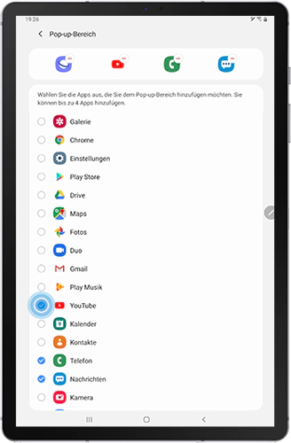 Die Apps-Liste des Pop-up-Bereichs des Game Boosters wird im Galaxy Tab S6 angezeigt.