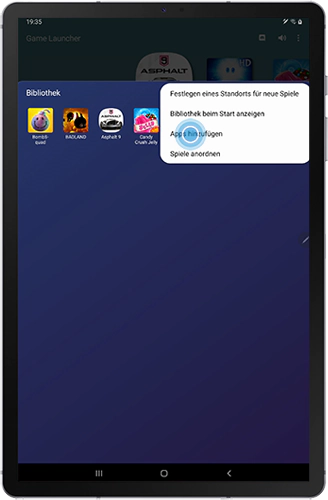 Die Optionen zur Verwaltung der Spieleapps im Game Launcher des Galaxy Tab S6 werden angezeigt.