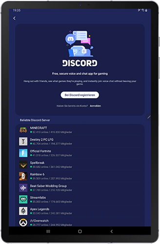 Die Discord-Startseite wird auf dem Galaxy Tab S6 angezeigt.