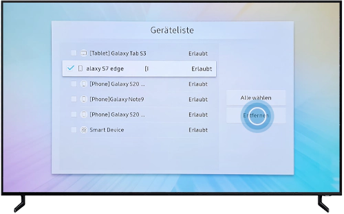Die Liste der verbundenen Geräte wird in den Einstellungen eines Samsung QLED TVs angezeigt.