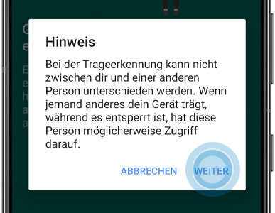Weiter ist im Popup-Fenster zur Aktivierung der Trageerkennung markiert.