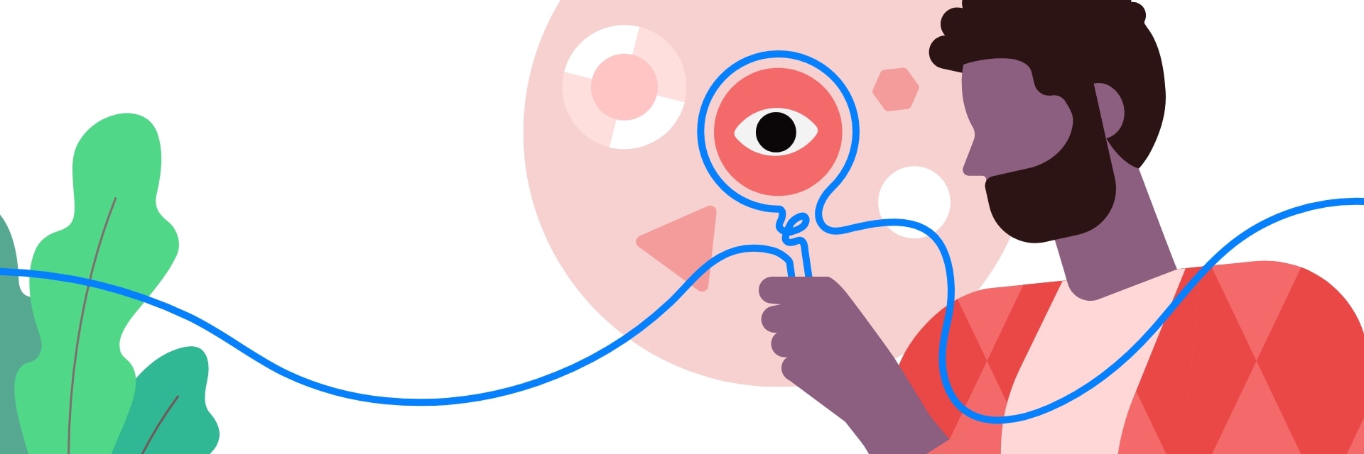 Eine blaue Linie verbindet die Animation von vier verschiedenen Personen, darunter eine Person mit einer Lupe, eine Person mit Headset und eine Person mit einem Smartphone, die auf den Bildschirm tippt.