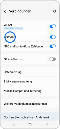 Screenshot der Verbindungsoptionen, in dem Bluetooth mit einem blauen Kreis markiert ist.