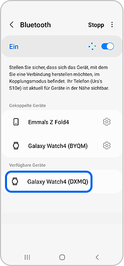Screenshot der Bluetooth-Optionen, in dem das gekoppelte Gerät Galaxy Watch 4 mit einem blauen Kasten markiert ist.