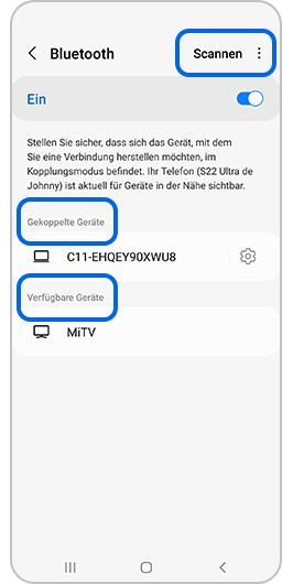 Screenshot des Samsung Galaxy Bluetooth Menüs im Detail.